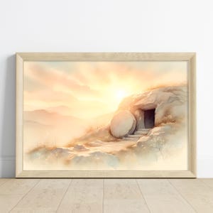 Dipinto di tomba vuota, è risorto, versetto della Bibbia stampabile, arte murale, Gesù acquerello, dipinto di scrittura pasquale, arte murale della resurrezione di Gesù