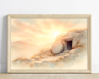 May include: A watercolor painting depicting a stone tomb with a large stone rolled away, revealing a dark entrance. The scene is bathed in a warm, golden light, suggesting a sunrise or sunset. The painting evokes a sense of hope and new beginnings.