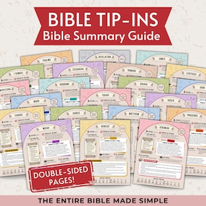May include: A set of colourful Bible Tip-Ins, each summarising a book of the Bible. The cards feature titles like Genesis, Psalms, and Revelation, with key information and the text "Double-Sided Pages!" and "The Entire Bible Made Simple".
