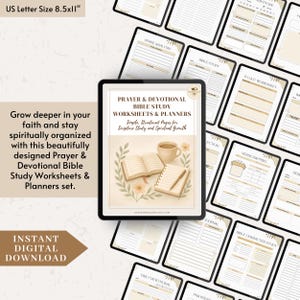 May include: Digital download of Prayer & Devotional Bible Study Worksheets & Planners. The cover shows an open book, a coffee cup, and a notebook with a pencil. The set includes various worksheets and planners for scripture study and spiritual growth.