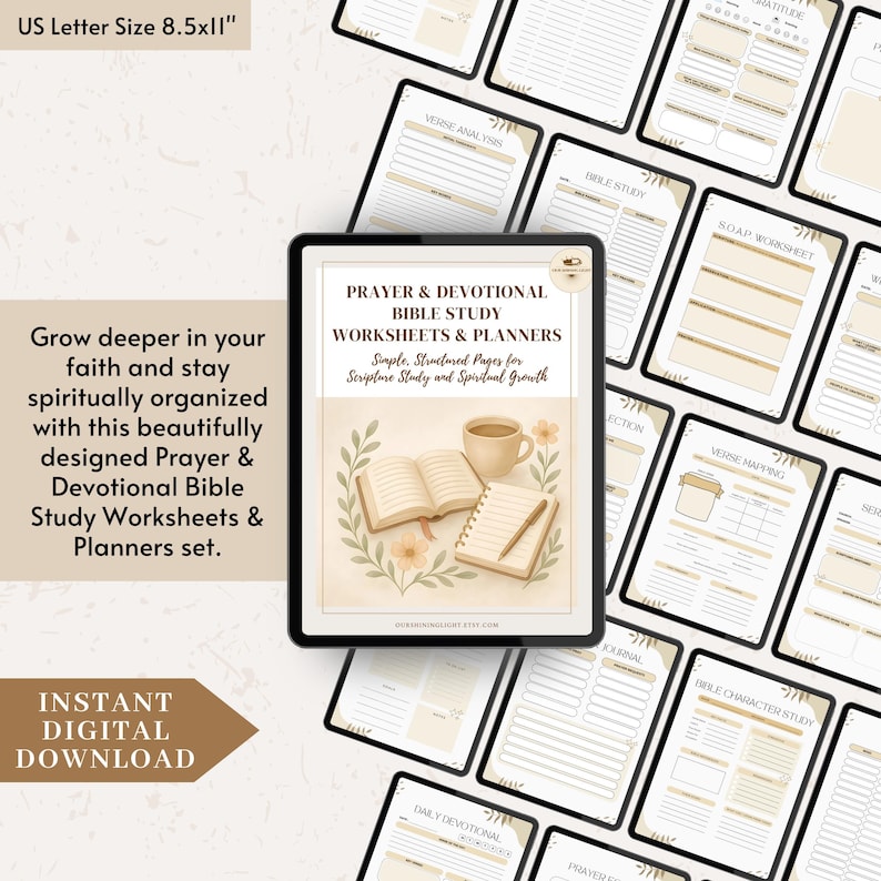 May include: Digital download of Prayer & Devotional Bible Study Worksheets & Planners. The cover shows an open book, a coffee cup, and a notebook with a pencil. The set includes various worksheets and planners for scripture study and spiritual growth.