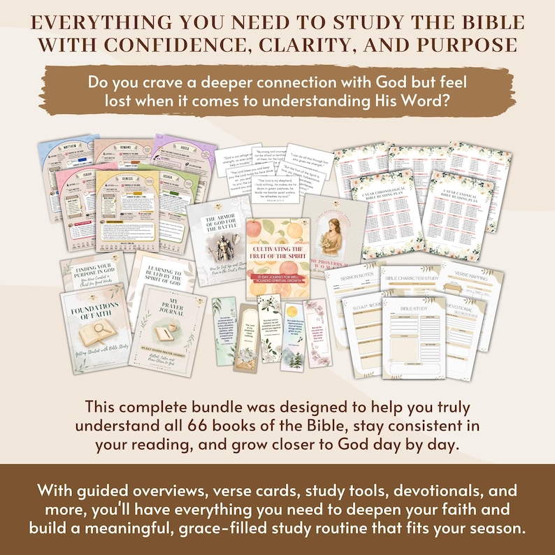 May include: A collection of Bible study materials, including workbooks, verse cards, and bookmarks. The image features the text "EVERYTHING YOU NEED TO STUDY THE BIBLE WITH CONFIDENCE, CLARITY, AND PURPOSE" and "FOUNDATIONS OF FAITH". The bundle is designed to help understand the Bible.
