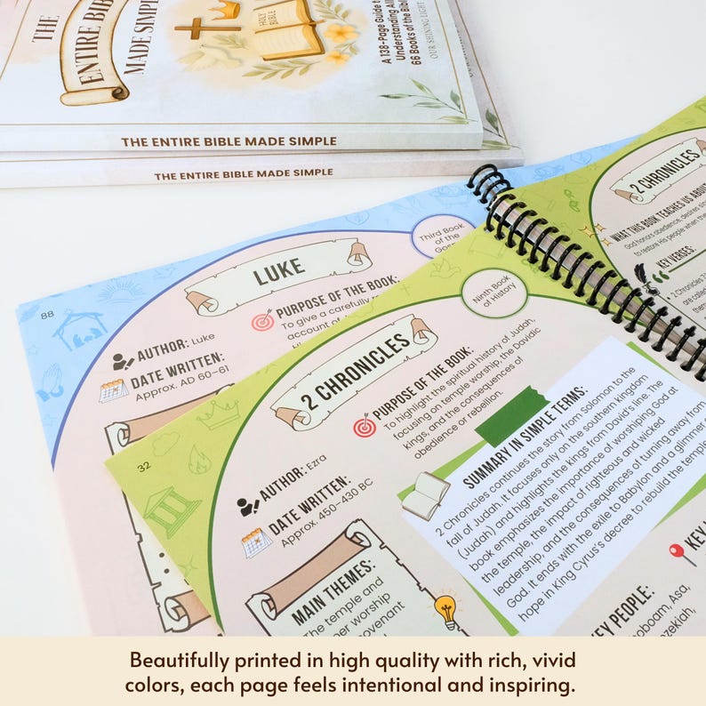 May include: A stack of books titled "THE ENTIRE BIBLE MADE SIMPLE" with colorful, open pages. The open book shows detailed information about the books of the Bible, including author, date, and purpose. The pages are spiral-bound.