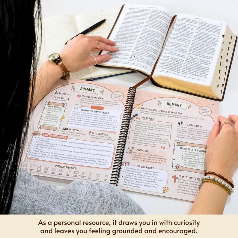 May include: An open Bible and a study guide are displayed on a table. The study guide is open to the book of Romans, with detailed notes and a spiral binding. The Bible is open to a page with text. The image includes the text: "As a personal resource, it draws you in with curiosity and leaves you feeling grounded and encouraged."