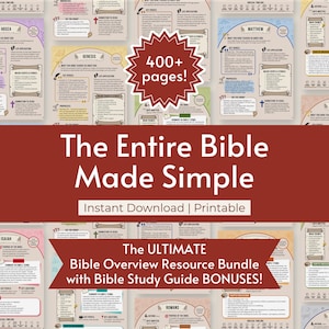 Può includere: Una raccolta di guide allo studio della Bibbia stampabili con il testo "The Entire Bible Made Simple" e "The ULTIMATE Bible Overview Resource Bundle". Le guide presentano layout colorati e includono il testo "400+ pages!"