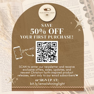 May include: A promotional graphic with a brown background and text that reads "SAVE 50% OFF YOUR FIRST PURCHASE!". It includes a QR code, a phone icon, and the text "Scan me!". The graphic also features the text "SCAN to enter our newsletter..."