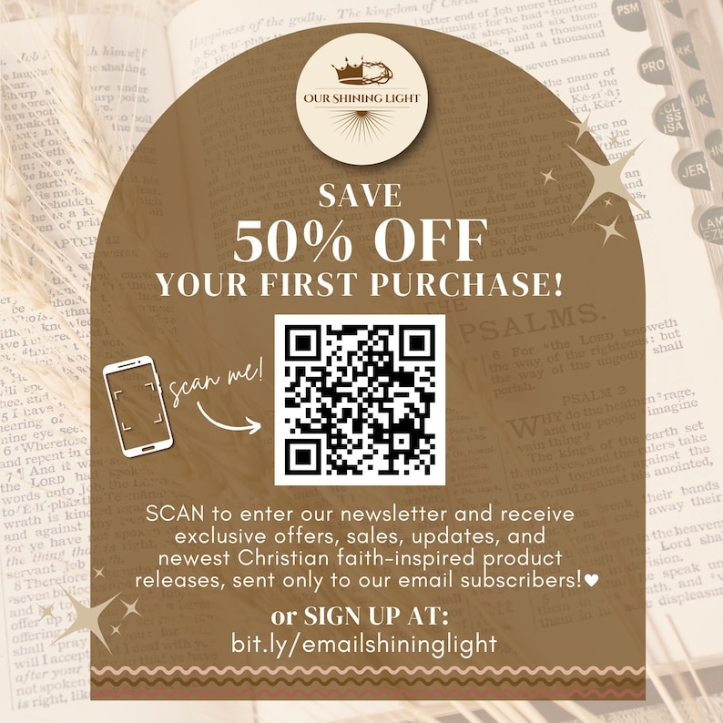 May include: A promotional graphic with a brown background and text that reads "SAVE 50% OFF YOUR FIRST PURCHASE!". It includes a QR code, a phone icon, and the text "Scan me!". The graphic also features the text "SCAN to enter our newsletter..."