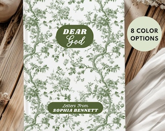 May include: A green and white journal with a floral pattern. The cover has the text "Dear God" in a retro font and "Letters From Sophia Bennett" in a smaller font.