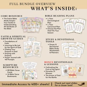 May include: A comprehensive bundle overview with the text "What's Inside:" lists core resources, Bible reading plans, faith guides, study tools, scripture resources, and bonus devotionals. The image includes various printed materials like cards, planners, and guides.