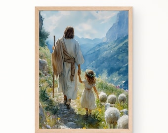Jesus With Little Girl Print, Jesus and Girl Painting Canvas, Young Girl With Christ Holding Little Girl, Jesus Walking With Girl Painting