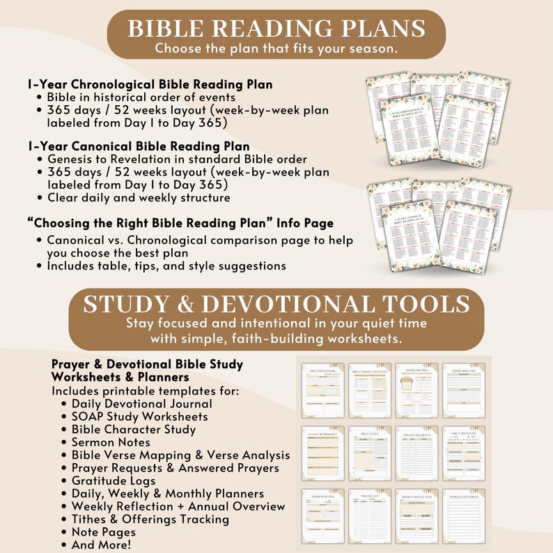 May include: A digital product image featuring Bible reading plans and study tools. The image includes text describing different reading plans, such as chronological and canonical, along with printable worksheets and planners for prayer and devotion.