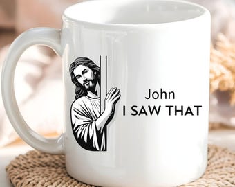 Taza cristiana divertida personalizada, regalo cristiano divertido para hombres y mujeres, Jesús vi esa taza, taza divertida de Jesús, nombre personalizado, taza de café de Jesús, regalo