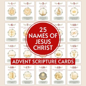 May include: Advent scripture cards with 25 names of Jesus Christ. Each card displays a name, a decorative wreath, and a scripture reference. The cards are arranged in a grid, with a red circle in the centre reading "25 Names of Jesus Christ."