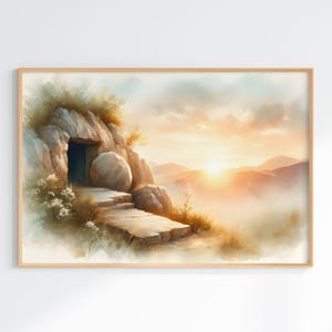 Könnte beinhalten: Ein Aquarellgemälde eines Steingrabes mit einem großen, weggewalzten Stein, der eine dunkle Öffnung freigibt. Das Grab befindet sich vor dem Hintergrund einer Bergkette mit einem strahlenden, goldenen Sonnenaufgang in der Ferne.
