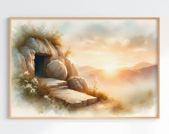 Empty Tomb Painting, He is Risen Printable Bible Verse Wall Art Watercolor Jesus Painting Easter Scripture Art, Jesus Resurrection Wall Art