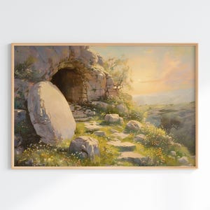 Dipinto di tomba vuota, è risorto, decorazione murale con versetto della Bibbia stampabile, dipinto di Gesù, arte della scrittura di Pasqua, dipinto a olio della resurrezione di Gesù