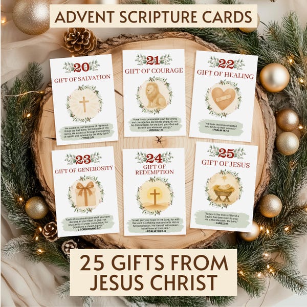 25 Gifts From Jesus Christ, Christmas Advent Scripture Cards Printable Christian Advent Calendar, Advent Bible Verse Cards Family Devotional