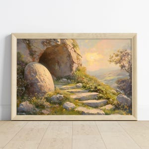 Dipinto di tomba vuota, è risorto, decorazione murale con versetto della Bibbia stampabile, dipinto di Gesù, arte della scrittura di Pasqua, arte murale della resurrezione di Gesù