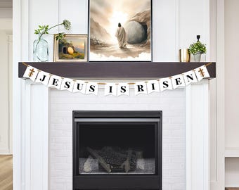 Printable Jesus is Risen Banner, He is Risen Sign, Cross He is Risen Craft Christian Easter Decorations Home Decor Christ Has Risen Garland
