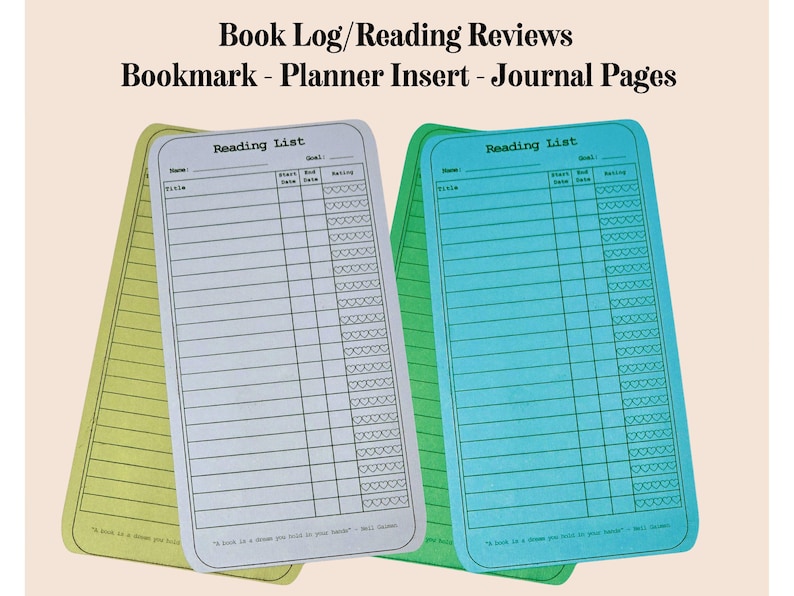 Book Lover Reading Log. Reading Journal Bookmark Tracker Inserts (Artsy Mommy Crafts)