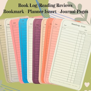 Book Lover Reading Log. Reading Journal Bookmark Tracker Inserts (Artsy Mommy Crafts)