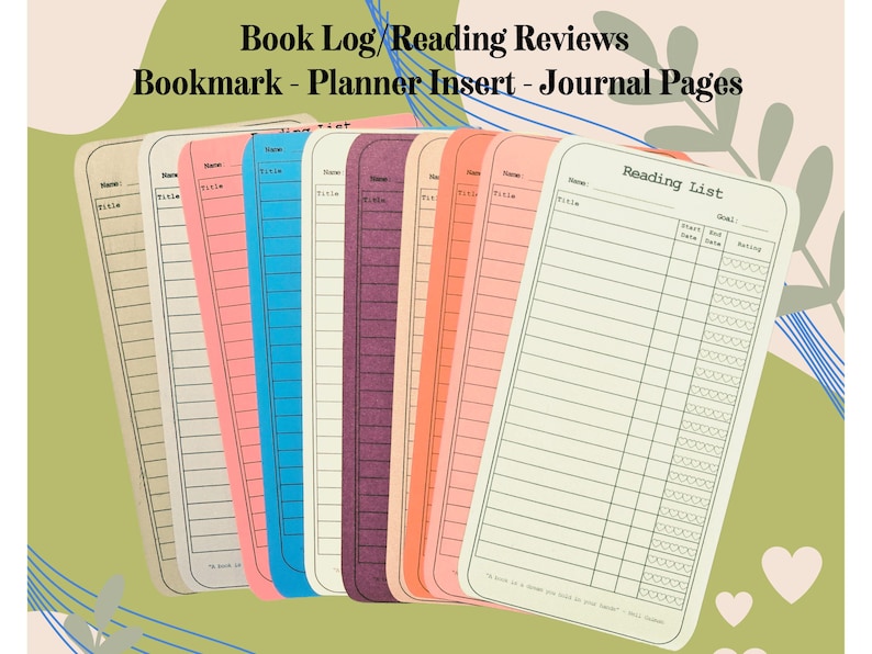 Book Lover Reading Log. Reading Journal Bookmark Tracker Inserts (Artsy Mommy Crafts)