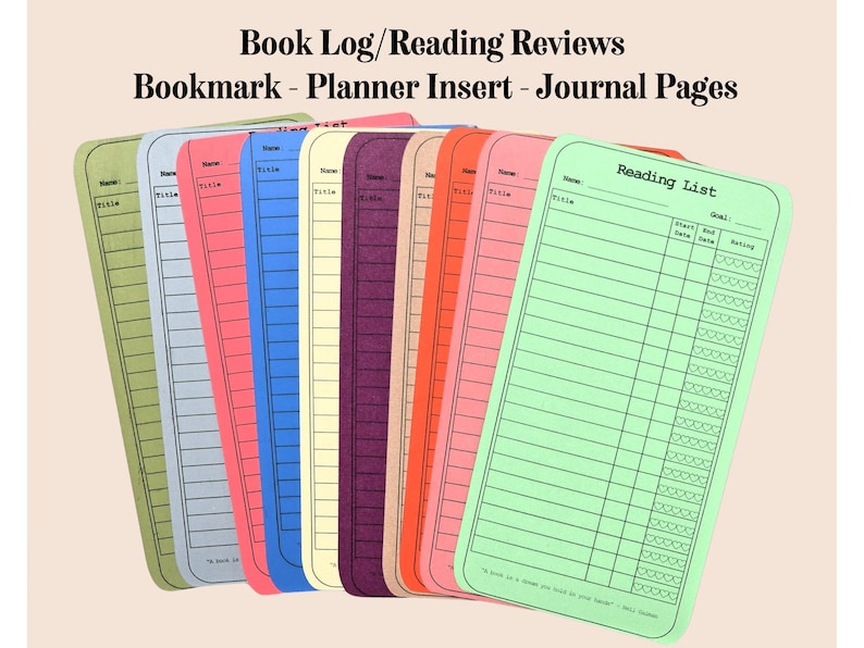 Book Lover Reading Log. Reading Journal Bookmark Tracker Inserts (Artsy Mommy Crafts)