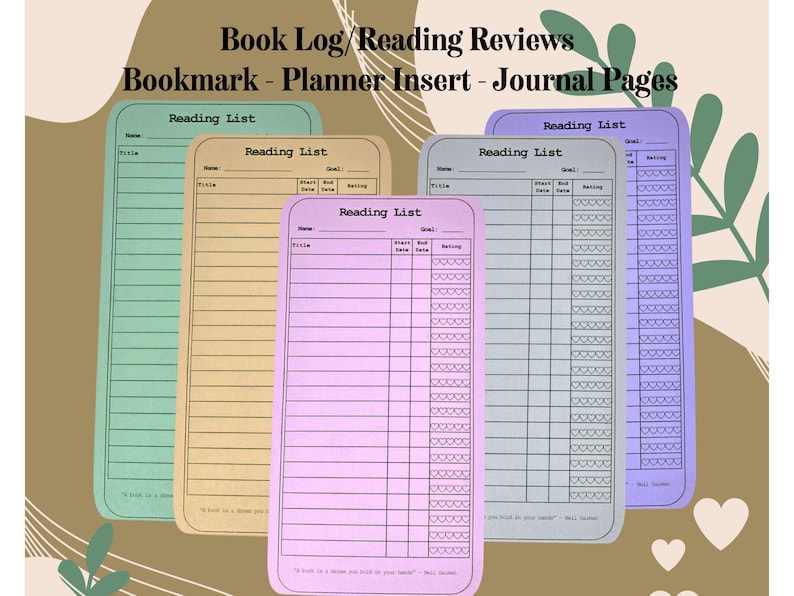 Book Lover Reading Log. Reading Journal Bookmark Tracker Inserts (Artsy Mommy Crafts)