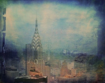 New York city photography, NYC, blue, turquoise,  vintage,  skyscraper, building, urban print, retro decor - "Chrysler Building"