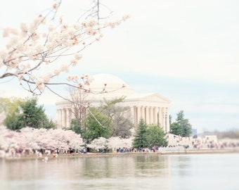 Washington DC blooms, cherry blossom decor, tidal basin, pastel print, spring flowers, urban decor - "Jefferson Memorial"