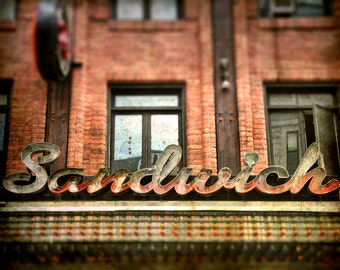 Montreal photography, sidewalk cafe, urban decor, storefront, sign, restaurant, rustic, red, brick  - "The Sandwich"