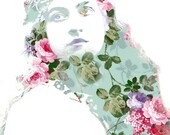 Surreal portrait photomontage digital art dreamy pink red green flowers - "Penelope's garden" 8 x 10