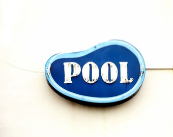 Retro neon sign, mid century decor, swimming pool, blue, Jersey shore, summer vacation, beach, boardwalk, pastel, ocean - "Pool"