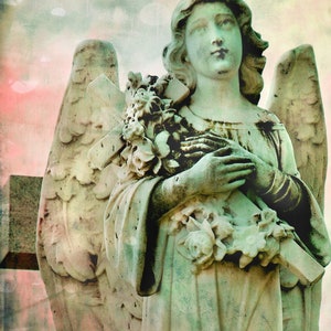 Angel photography, ethereal print, angel art, pink, green, surreal, dreamy, spiritual angel decor, cemetery Angel mine image 1