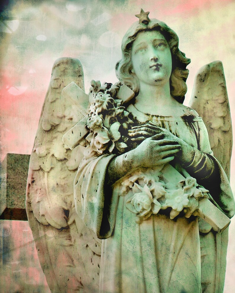 Angel photography, ethereal print, angel art, pink, green, surreal, dreamy, spiritual angel decor, cemetery Angel mine image 1