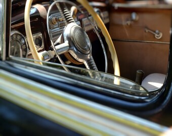 Classic car, retro decor, dashboard, vintage car, steering wheel, man cave, brown, chrome - "Classic cruiser"