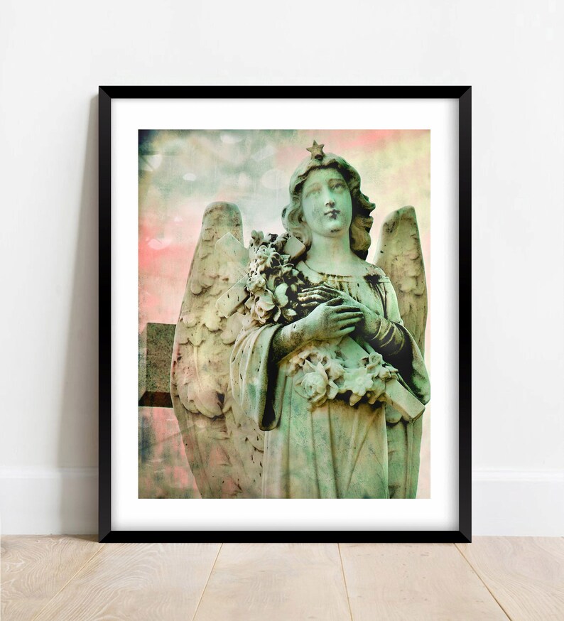 Angel photography, ethereal print, angel art, pink, green, surreal, dreamy, spiritual angel decor, cemetery Angel mine image 2