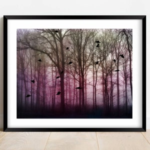 Landscape photography, surreal print, pink, blush, mauve, trees, nature print, birds, forest, woodland, dreamy, dark Magenta forest image 2