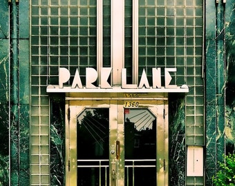 Art deco photography, Montreal, geometric, architecture, green, yellow, glass, chrome, urban, retro - "Park Lane Apartments"