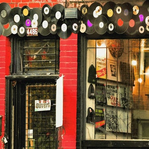 Urban photography, Montreal, funky shop, red, brick, window, boho, hippie, scarlet, urbex Record Store image 1