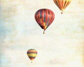 Hot air balloons, pastel, autumn, red, yellow, vintage, county fair, carnival print, sky, clouds, sepia, shabby chic - "Balloon trio"