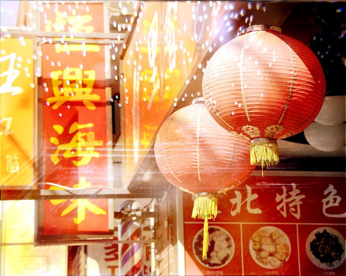 Red Paper Lanterns, Chinatown , Downtown, Toronto, Urban, Storefront, Yellow, Gold 'paper