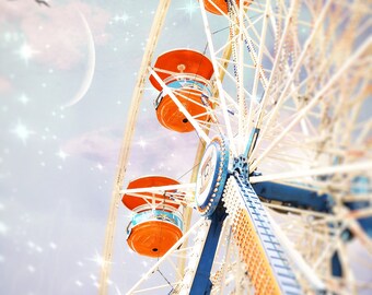 Carnival photography, amusement park, county fair, ferris wheel, nursery decor, blue, red - "Under the blue sky"