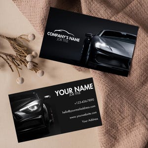 Carte de visite aux détails sophistiqués d'une voiture - Modèle modifiable minimaliste blanc sur noir pour les professionnels Fichier numérique instantané
