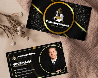 Minimalist Black & Gold Business Card Template: Modern, Editable (Digital Download)