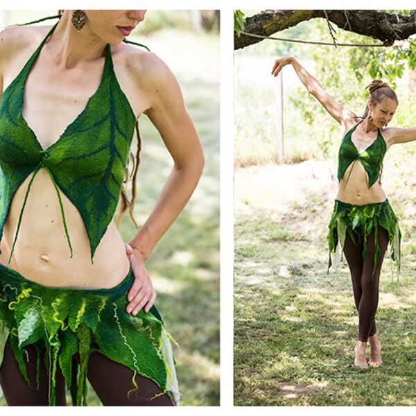 Festival leaves top.Felt leaves bra. Fairy costume.Elf pixie festival green top.