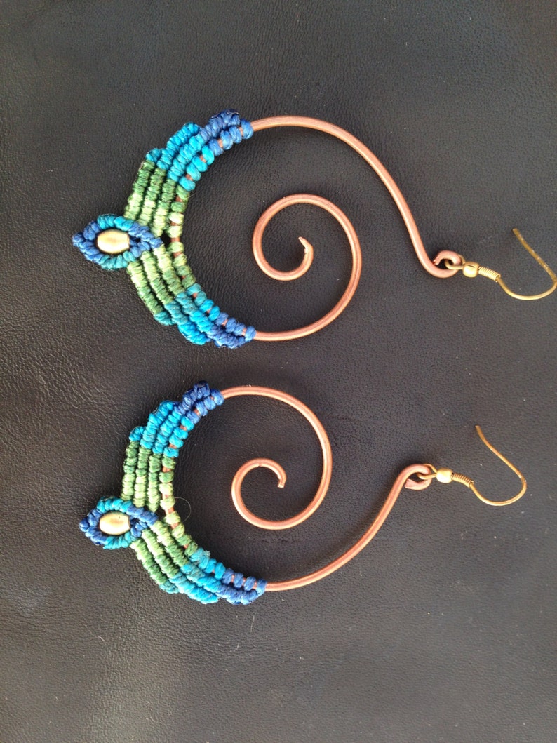 Copper Spiral Macrame Earrings Peacock Earring Tribal Etsy