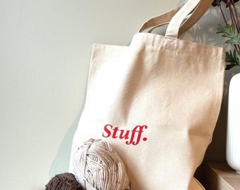 Cotton Canvas Tote Bag, 'Stuff' Text Design, Reusable Grocery Bag