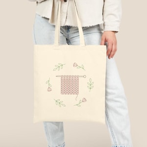 Purl Petal Tote Bag - Knitters&#39; Cotton Canvas Tote, Yarn Lover Gift, Crafters Shoulder Bag, Shopping Tote, Eco-Friendly Reusable Bag