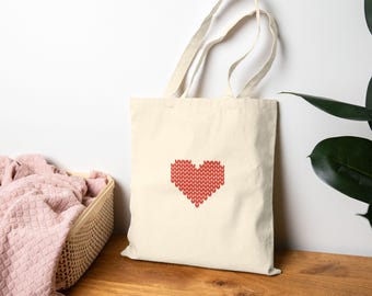 Heart Pattern Cotton Canvas Tote Bag: Eco-Friendly Reusable Shopping Bag